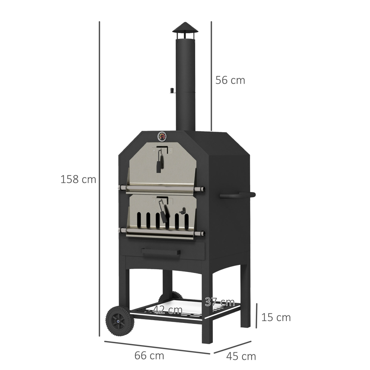 Outdoor Pizza Oven & Charcoal Grill with Rain Cover, Shelf & Wheels