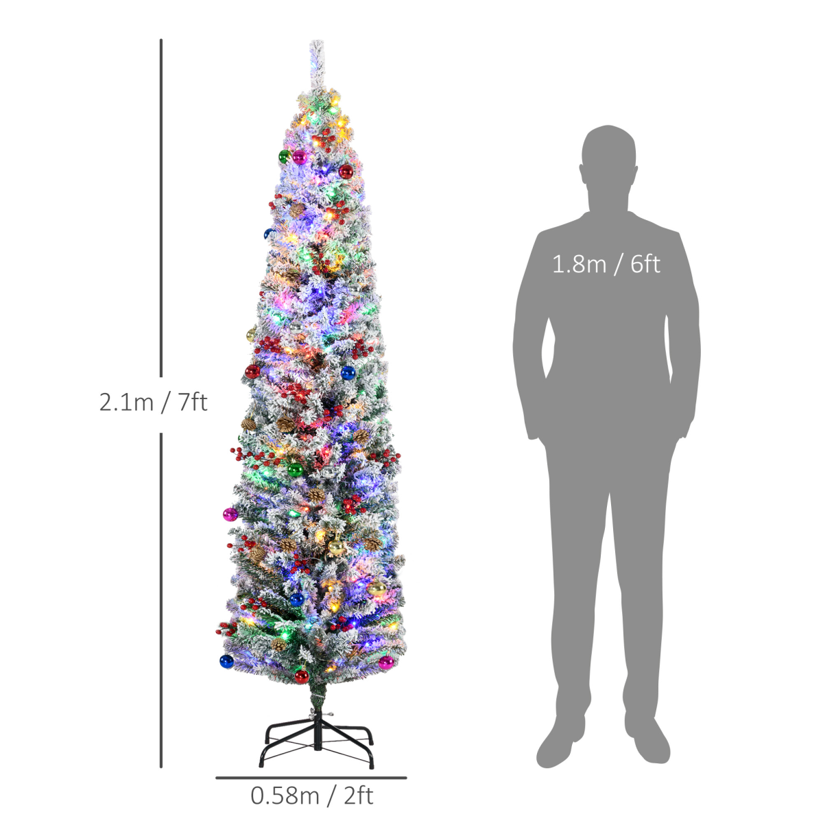 7' Artificial Christmas Tree with Flocked Tips, LED Lights, Decoration