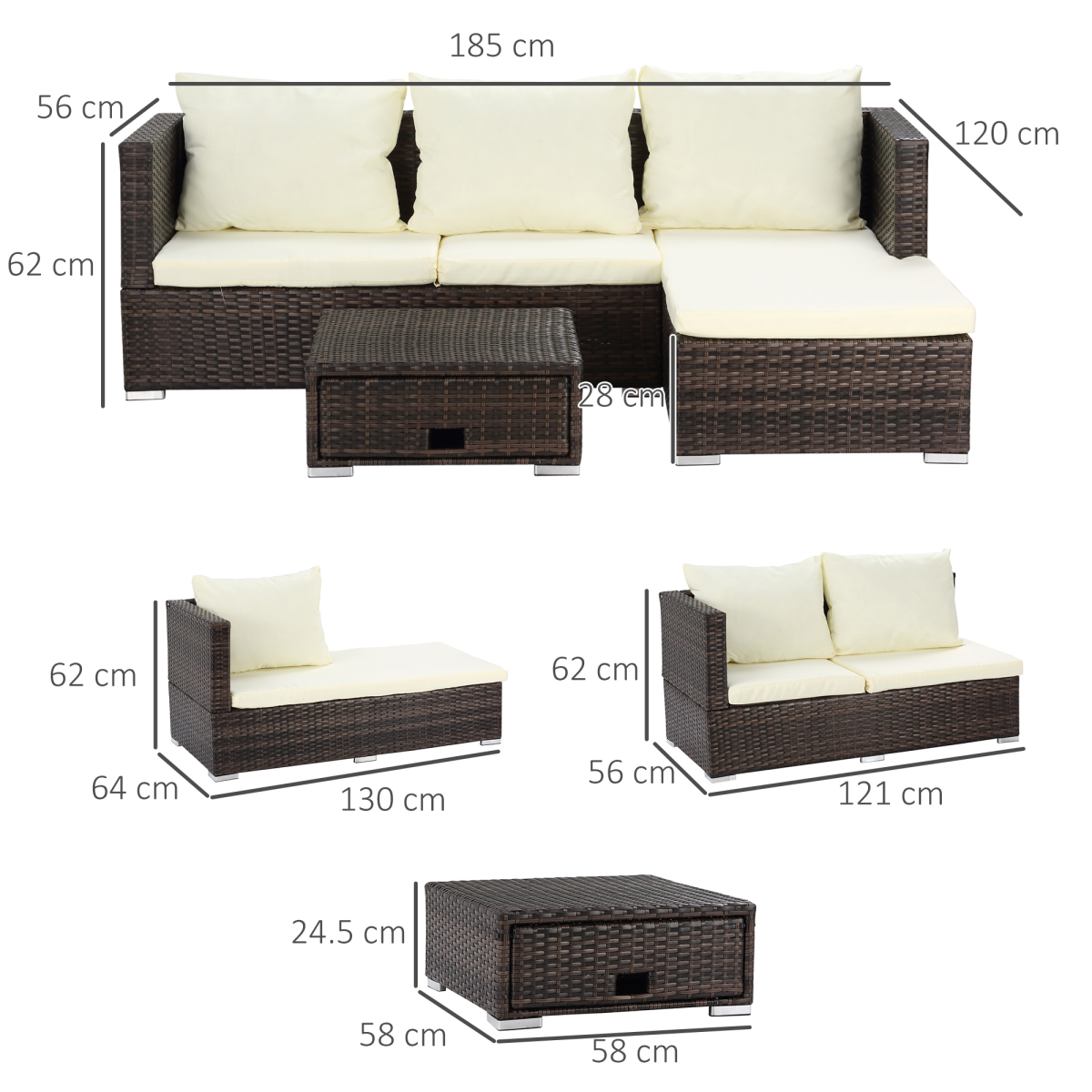 Rattan Garden Sofa Set with Storage Table 4-Seater Reclining Lounge