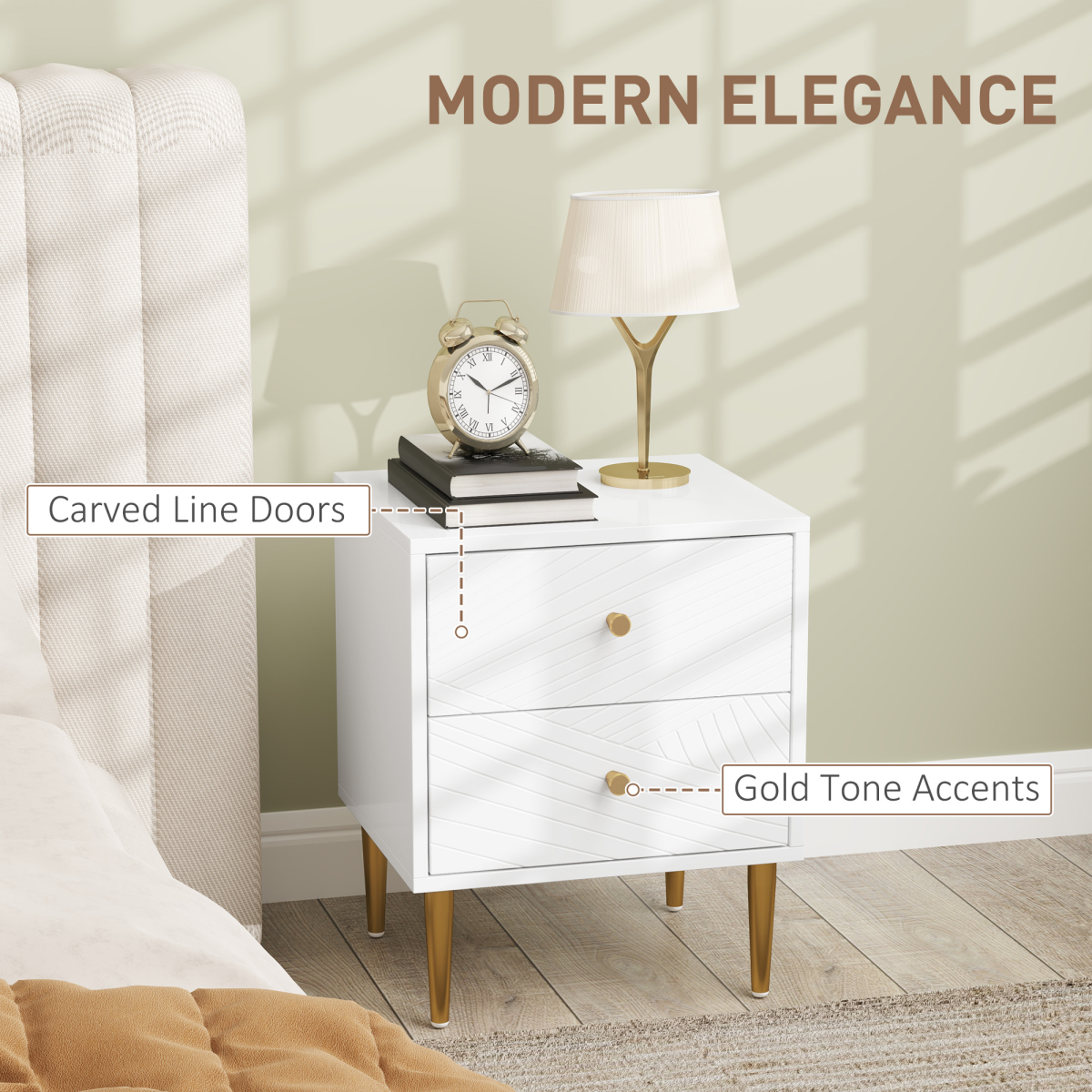 Chic White Nightstand with Gold Handles & Ample Drawer Storage