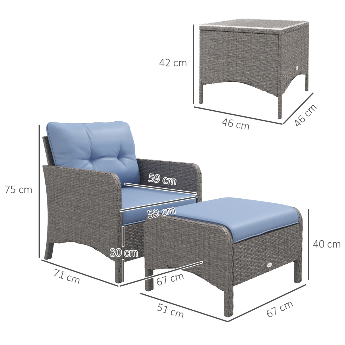 5-Piece Wicker Patio Set with Cushions, Blue - Conversation Furniture
