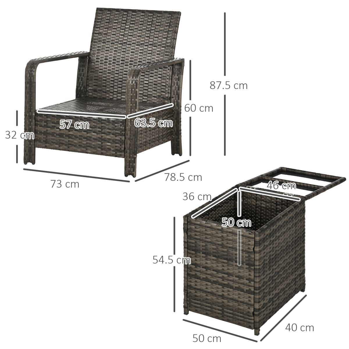 3-Piece PE Rattan Garden Sofa Set - 2 Chairs & Storage Table, Grey