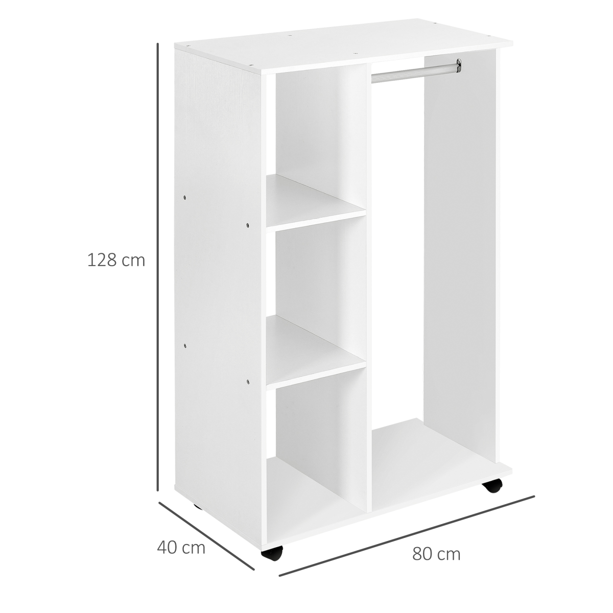 Versatile White Storage Wardrobe with Shelves & Wheels for Easy Organization