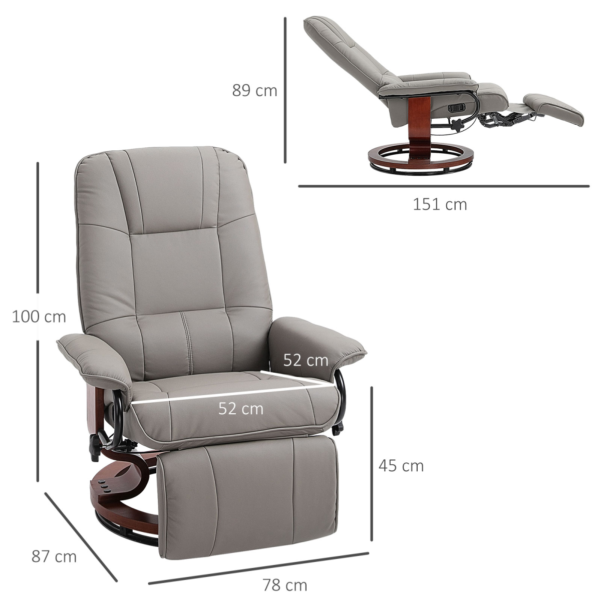 Ergonomic PU Leather Recliner Sofa with Footrest in Grey