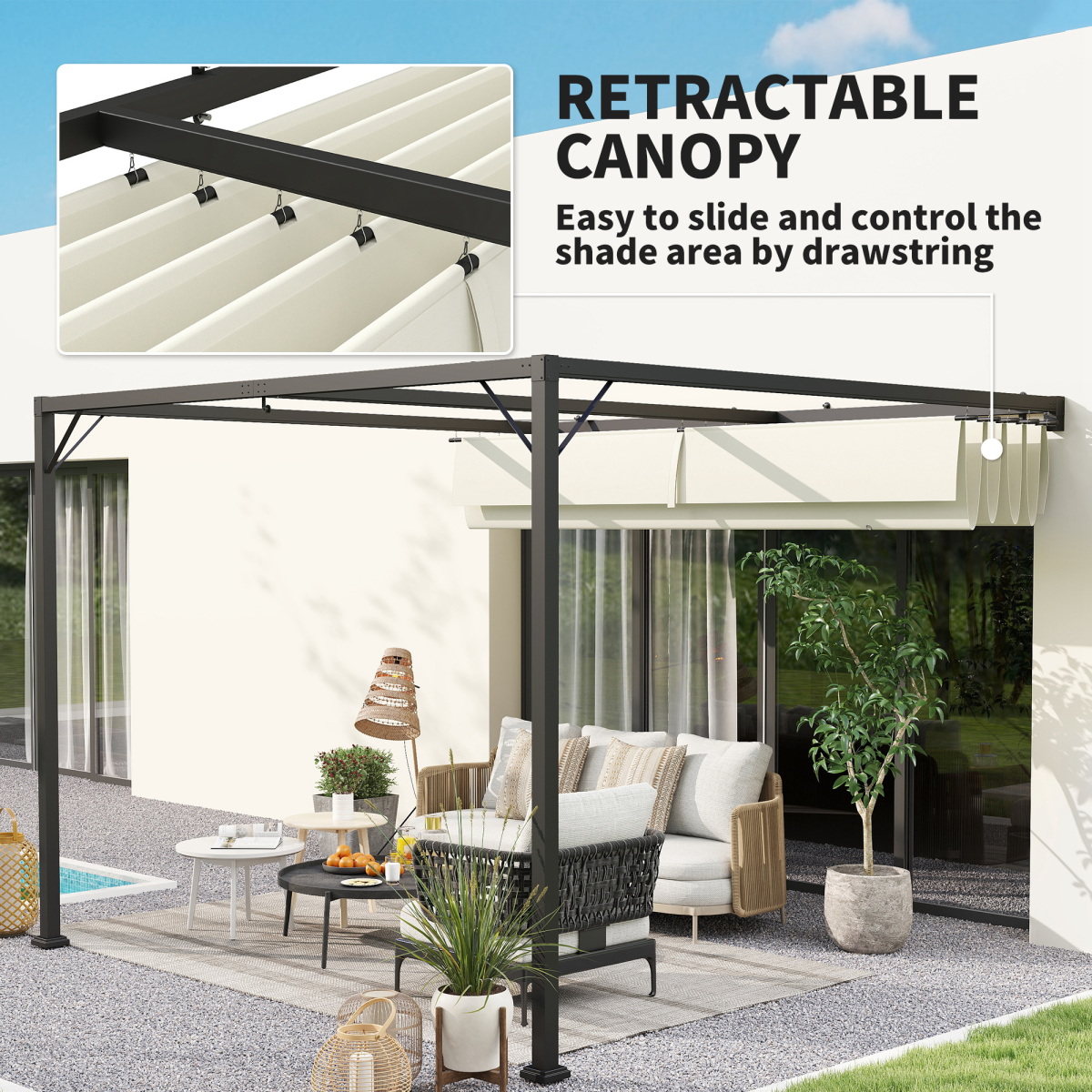 3x3m Wall-Mounted Pergola with Retractable Canopy - Cream Shade Master