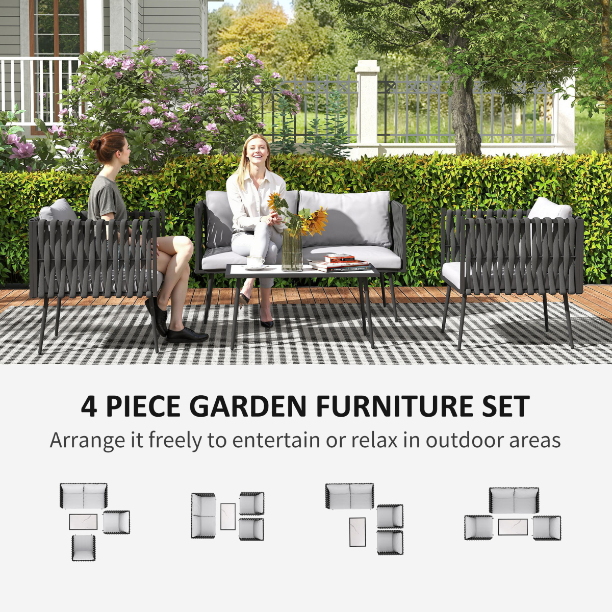 Chic 4-Piece Garden Furniture Set with Cushions & Elegant Faux Marble