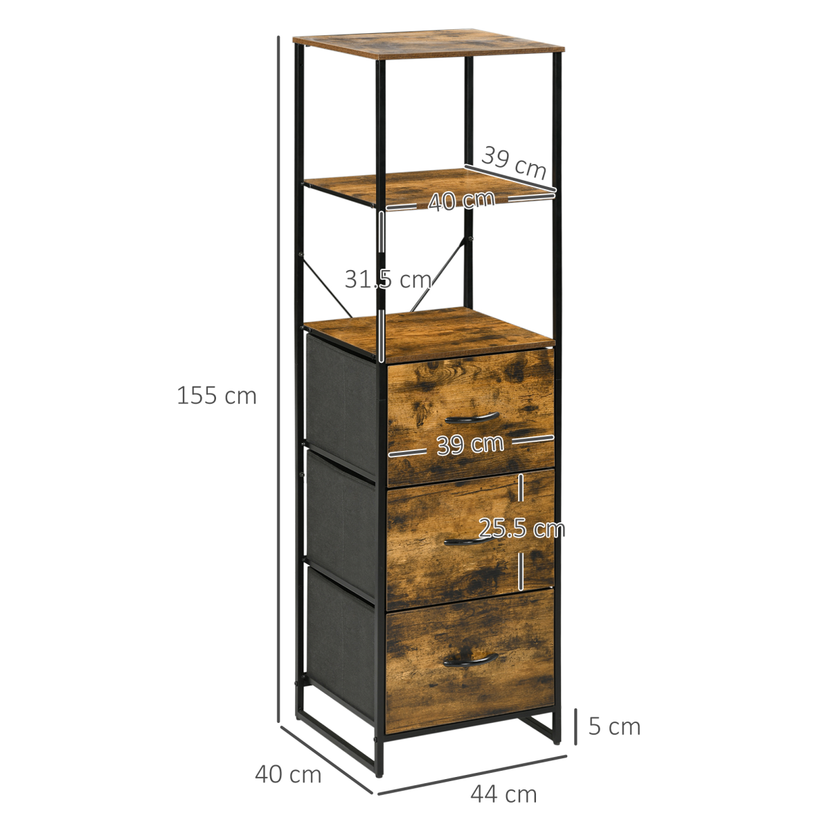 Rustic Brown Industrial Storage Cabinet with 2 Shelves & 3 Fabric Drawers