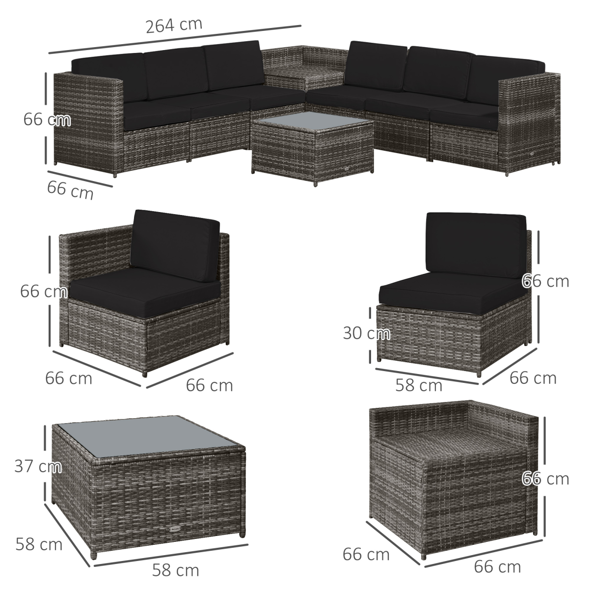 6-Seater Rattan Outdoor Sofa Set with Cushions – Grey