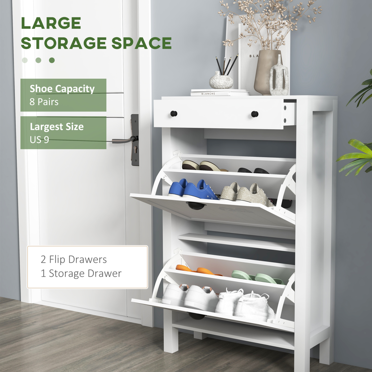 Slim White Shoe Cabinet with 2 Flip Drawers & Storage Top