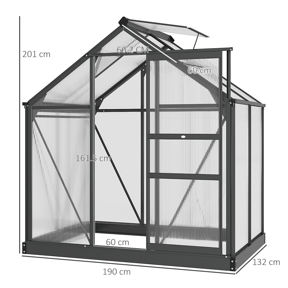 Walk-In Polycarbonate Garden Greenhouse, Aluminium Frame, Sliding Door 6x4ft