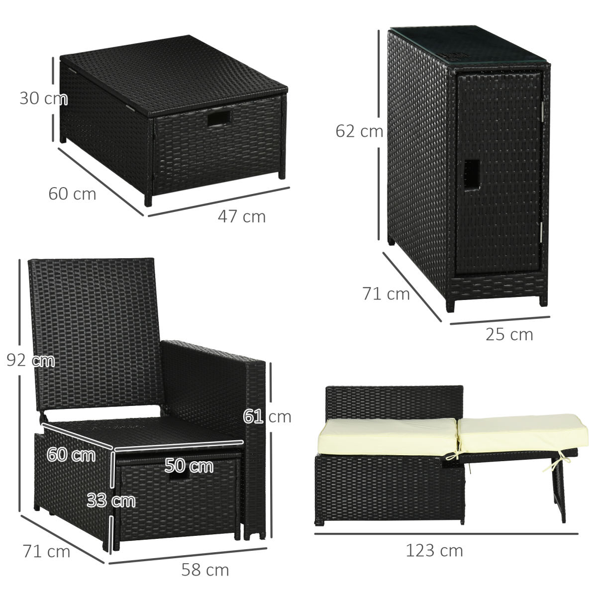 5-Level Adjustable Rattan Sun Lounger with Storage Table & Footstools - Black