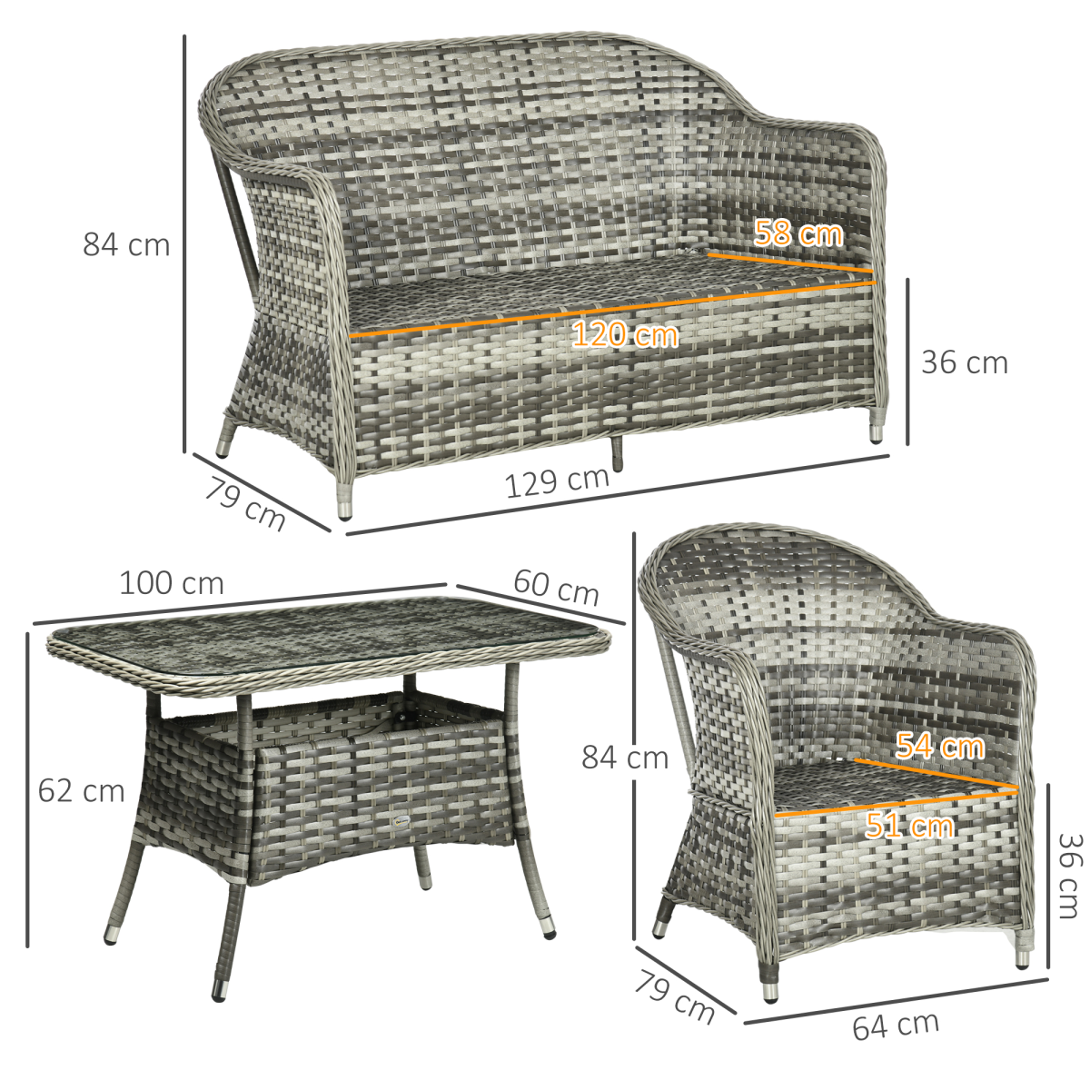 4-Piece Rattan Garden Sofa Set with Cushioned Seats & Glass Table