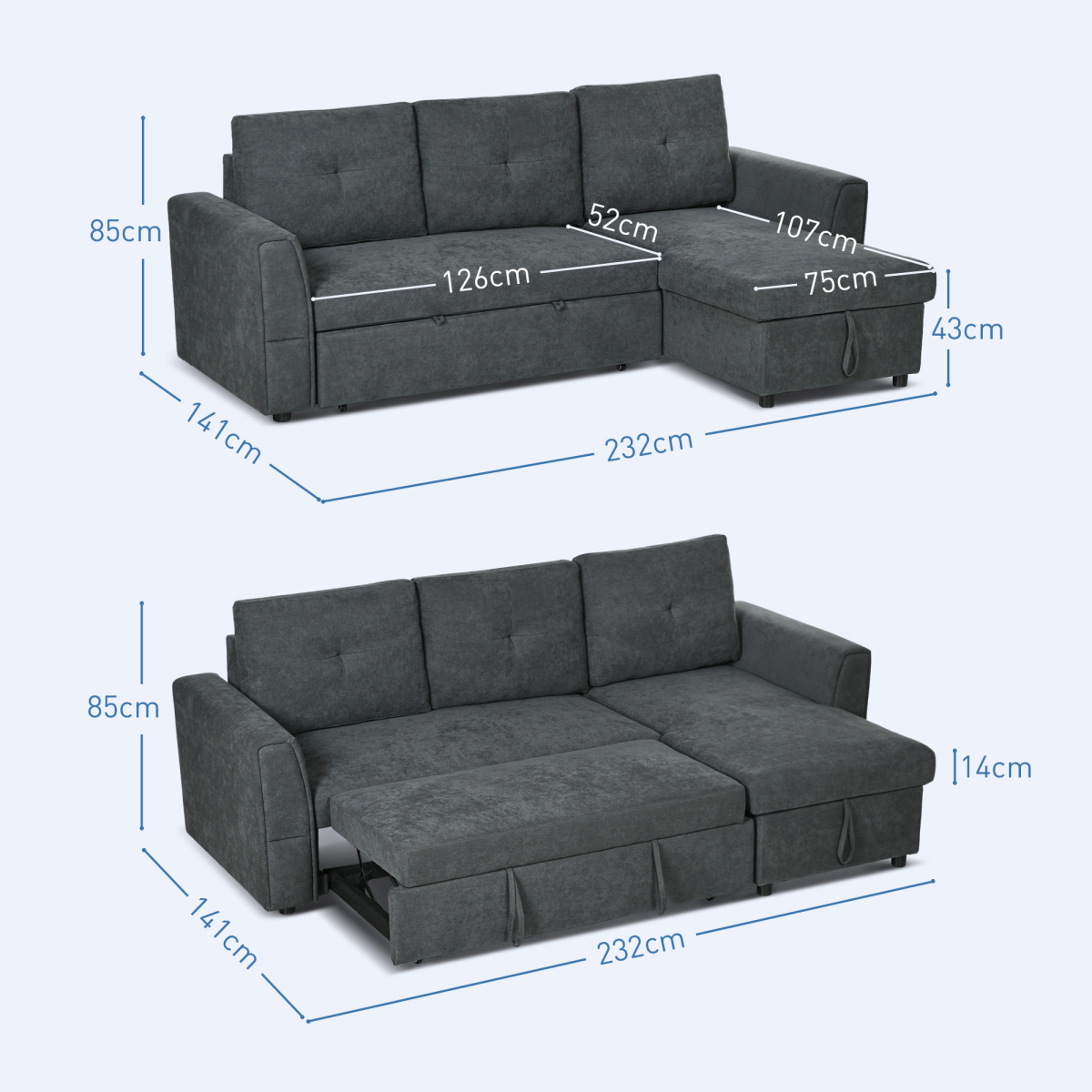 3-Seater Sofa Bed with Storage, Convertible Chaise - Dark Grey