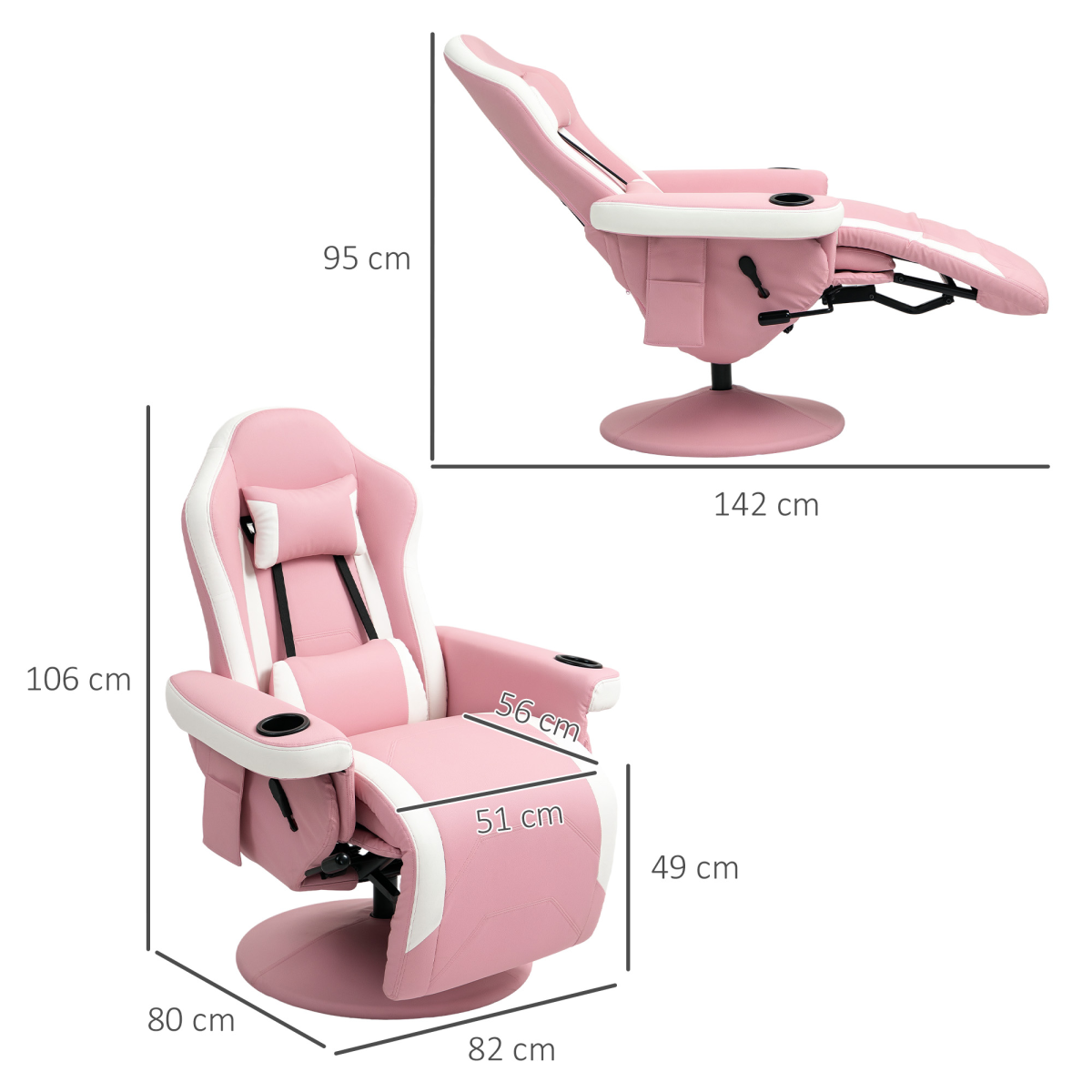 Pink PU Recliner Armchair with Footrest - 135° Recline, 360° Swivel