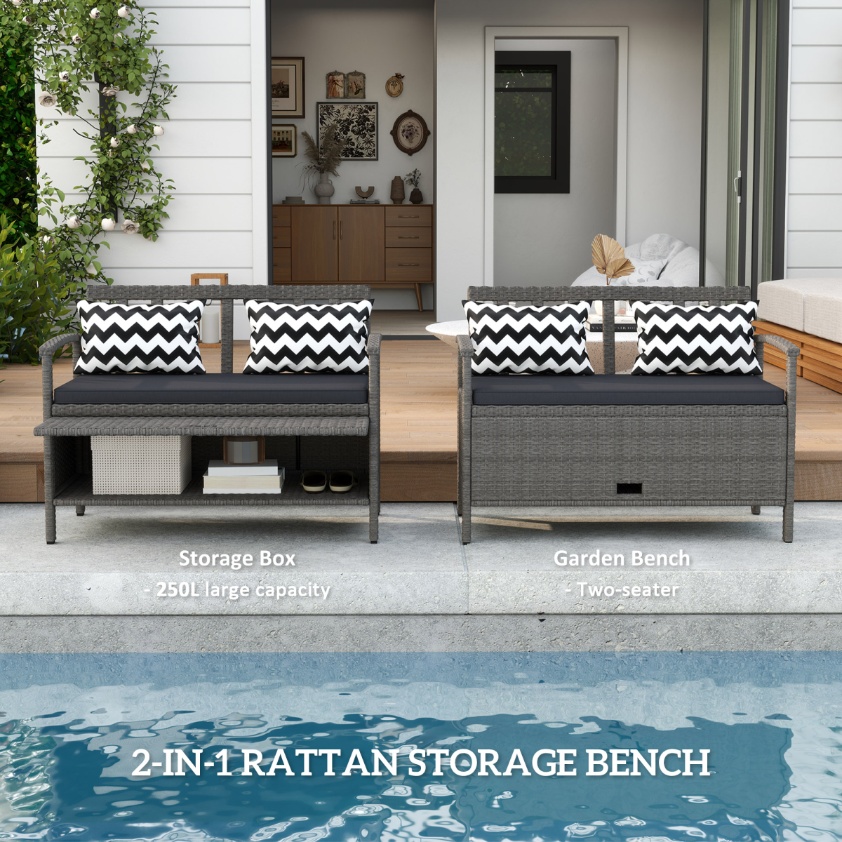 160L Rattan Garden Storage Bench with Cushioned Seat – Grey