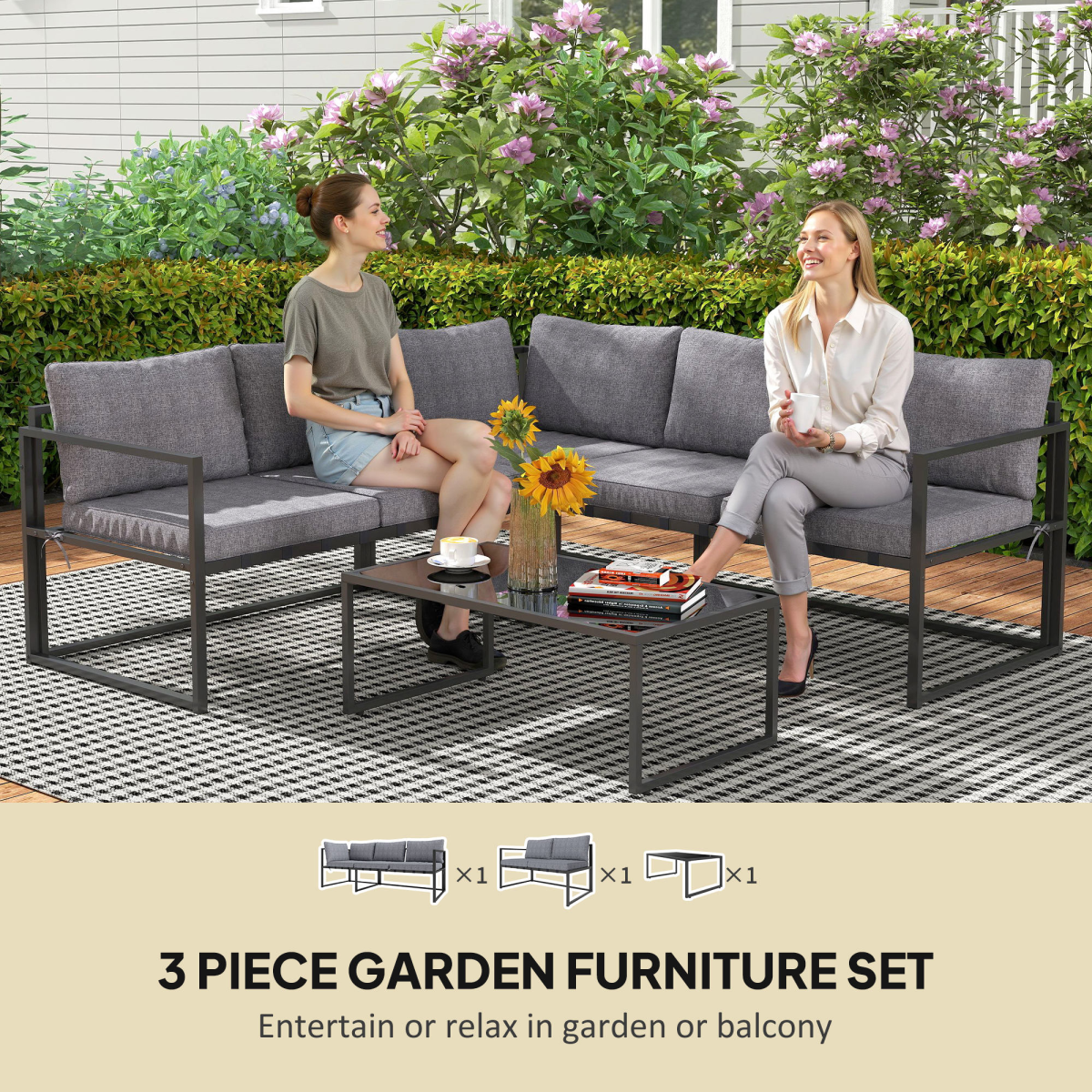 Grey 3-Piece L-Shaped Garden Furniture Set with Cushions & Glass Table