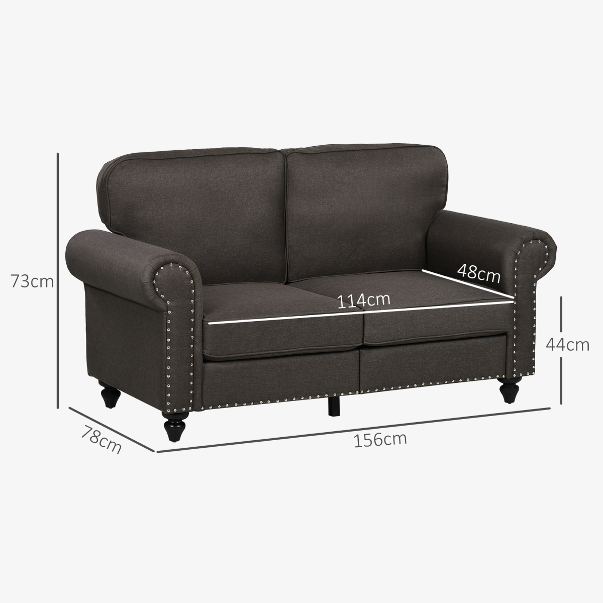 2-Seater Sofa with Nailhead Trim – Dark Brown, Mid-Century Style