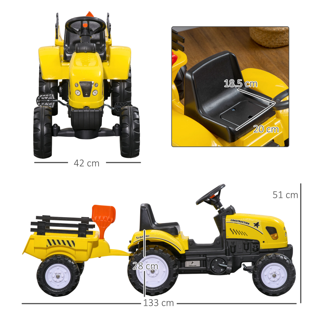Pedal Go-Kart Tractor with Shovel & Rake, 4 Wheels