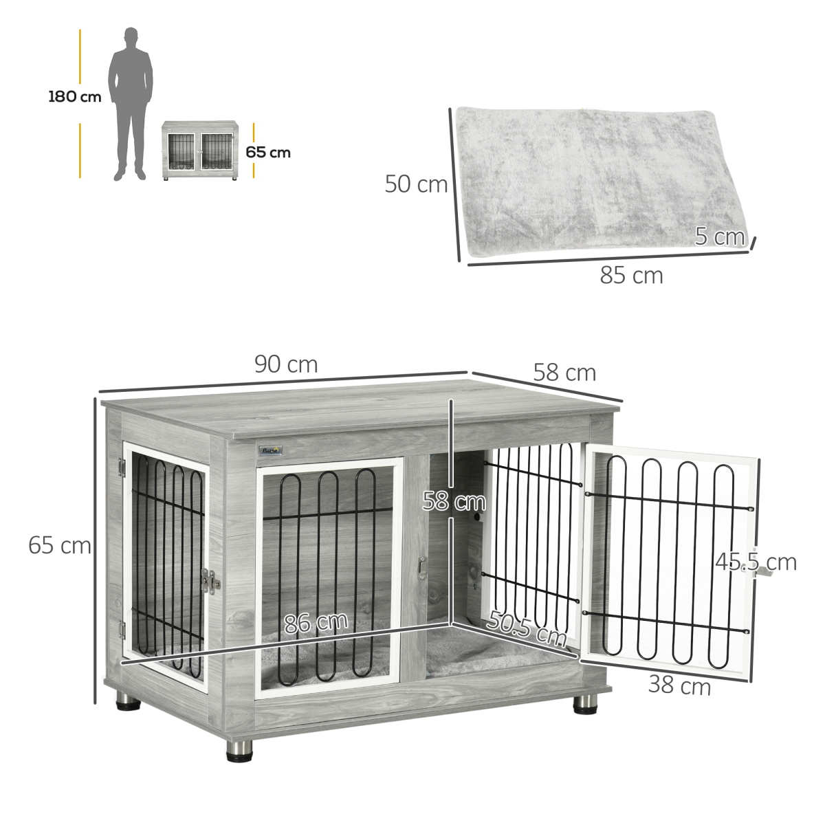 PawHut Modern Dog Crate End Table with Cushion - Double Doors