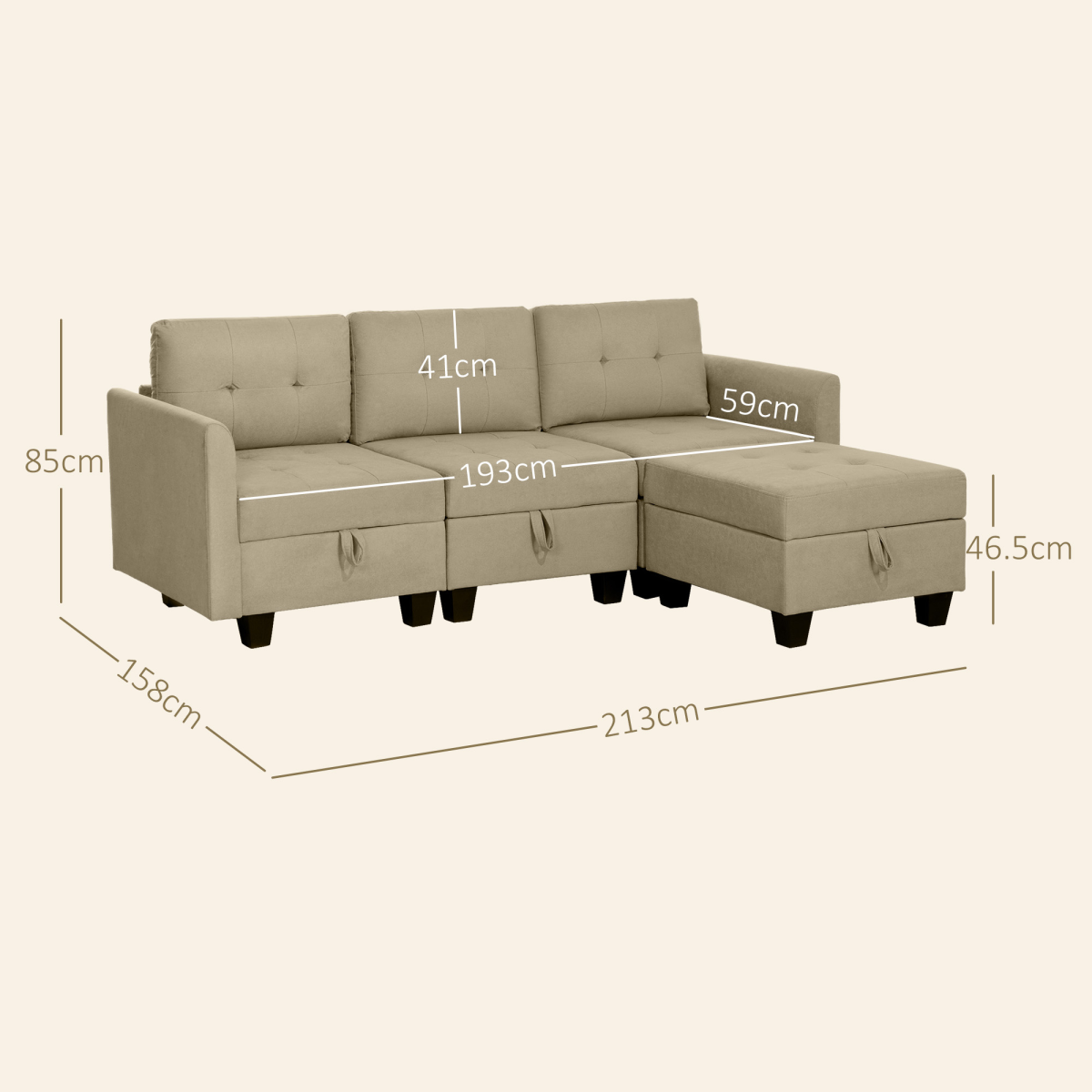 Convertible Modular Sectional Sofa with Storage & Wood Frame Light Brown