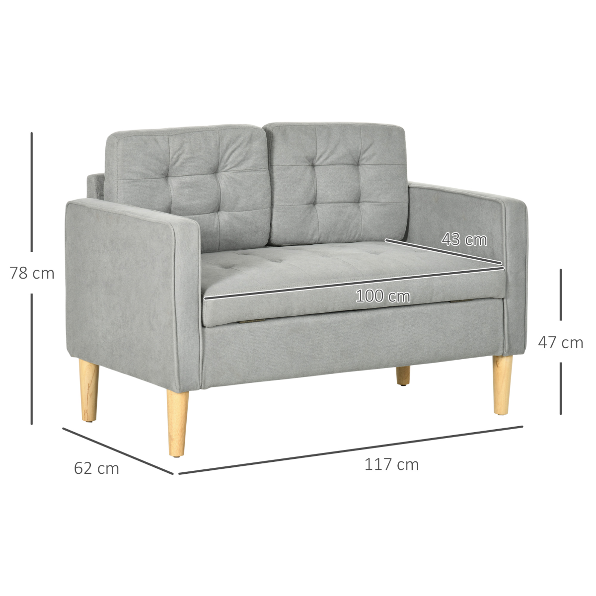 Grey 2-Seater Sofa with Under-Seat Storage - Compact Loveseat for Living Room