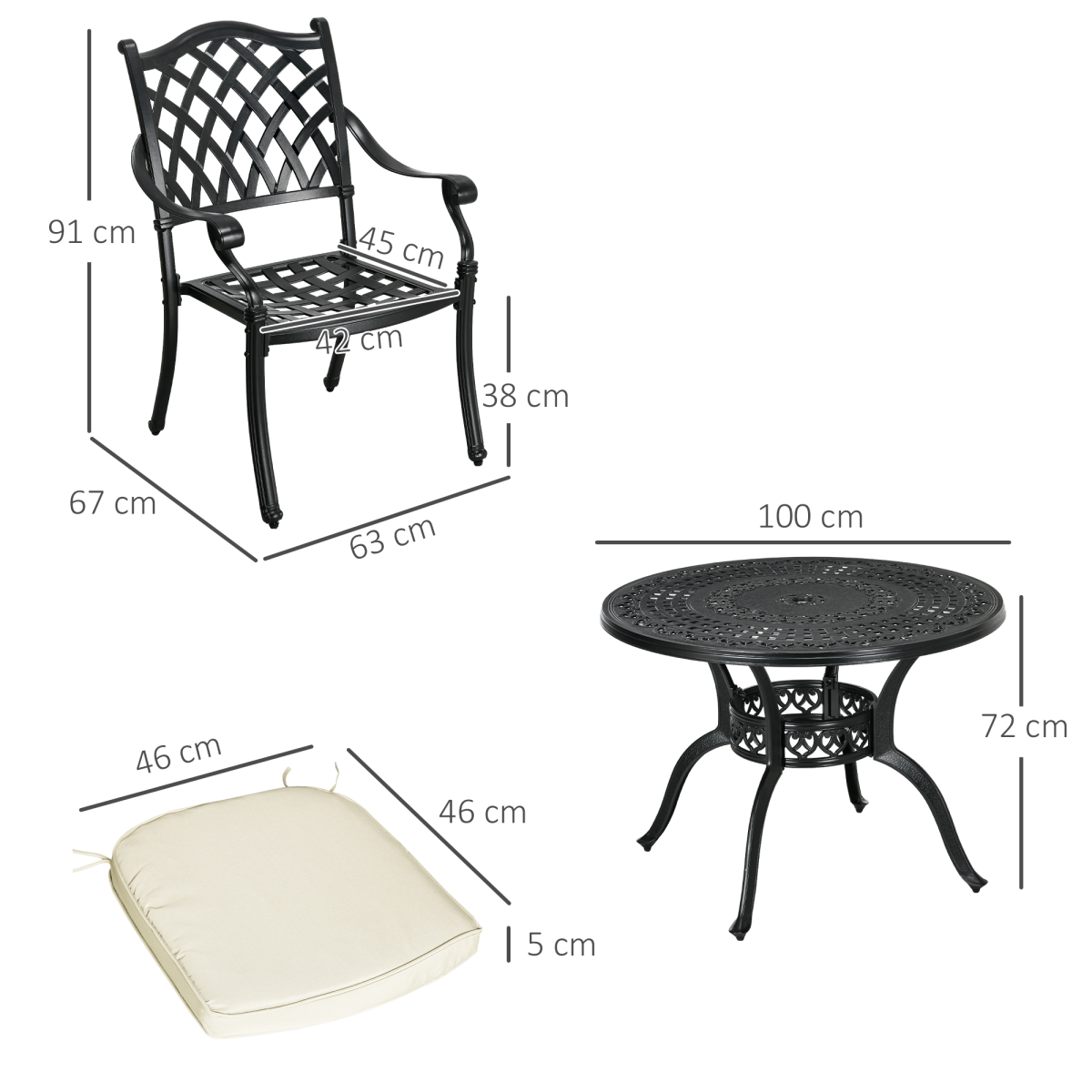 4-Seater Cast Aluminium Dining Set with Cushions and Umbrella Hole