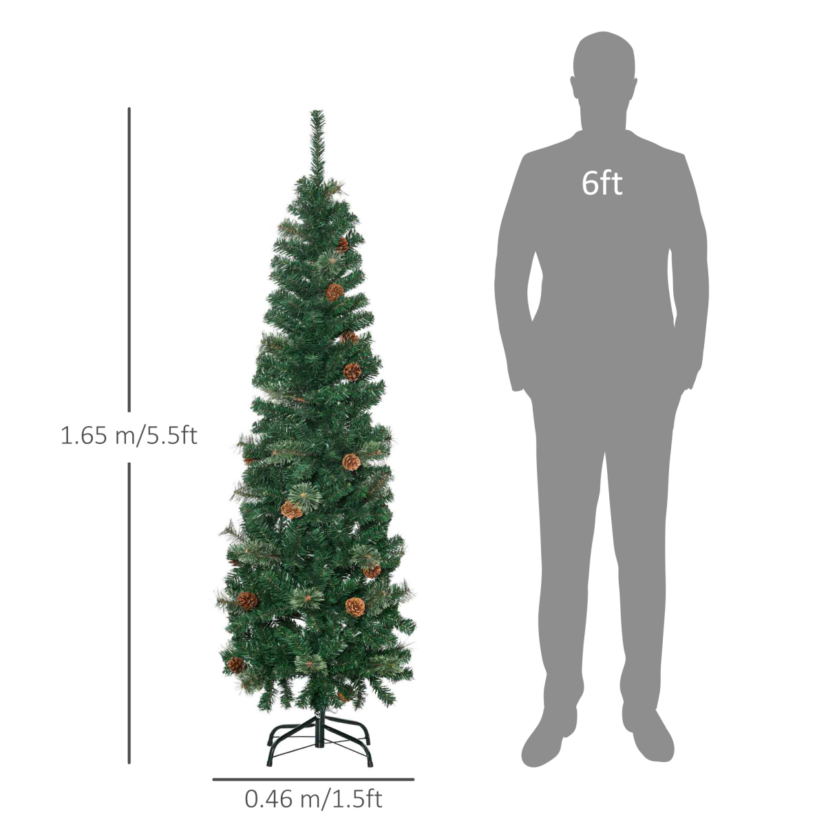 5.5ft Slim Artificial Christmas Tree with Pine Cones - Easy Setup (HOMCOM)