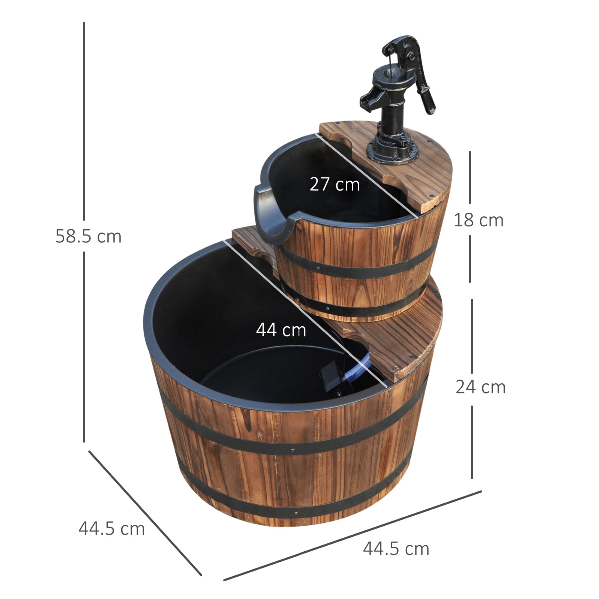 Two-Tier Fir Wood Water Pump Fountain - Steel Accents