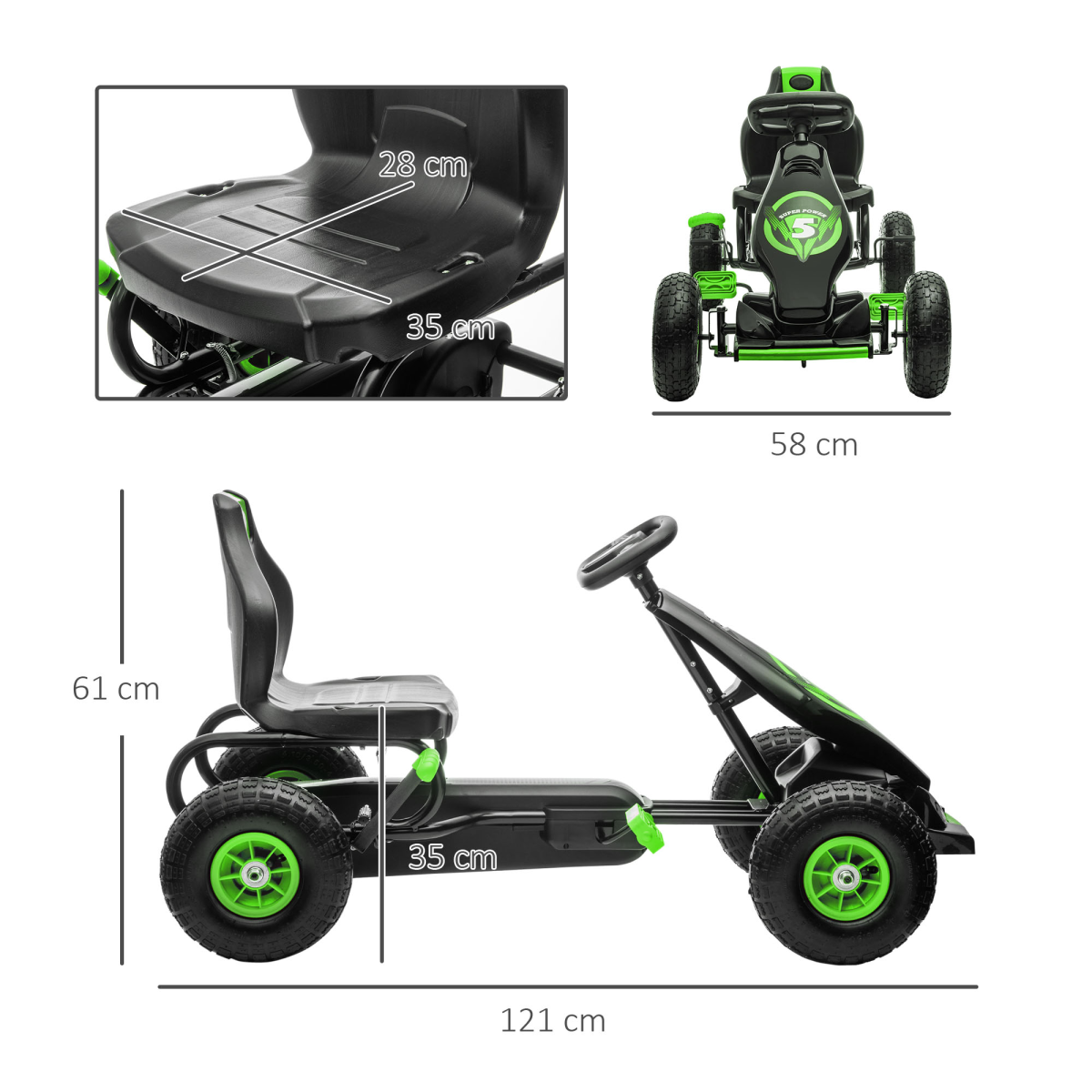 Kids Pedal Go Kart - Adjustable Seat, Rubber Wheels, Brake, Green
