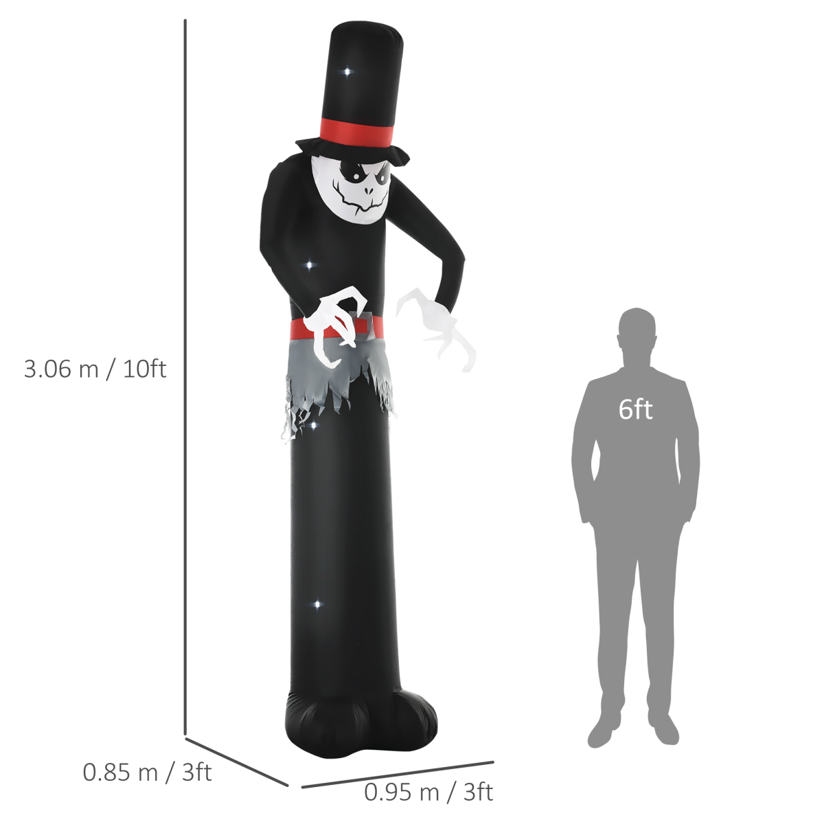 10ft Halloween Skinny Ghost with Tall Hat LED Inflatable Outdoor Display