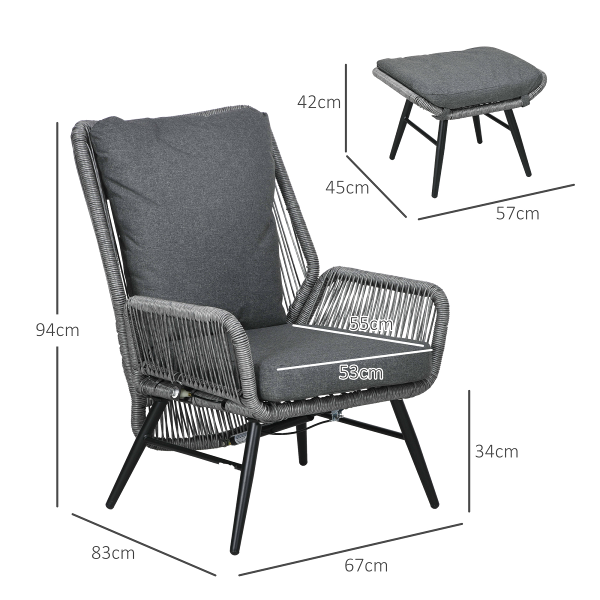 Garden Rattan Chair Set with Adjustable Backrest and Footrest Grey