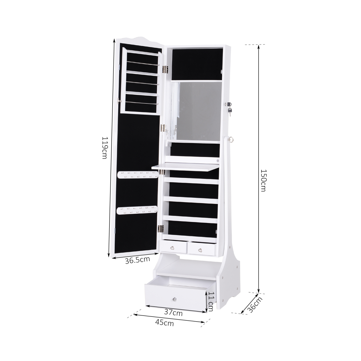 LED Illuminated Mirrored Jewelry Cabinet with Lock & Storage –  White