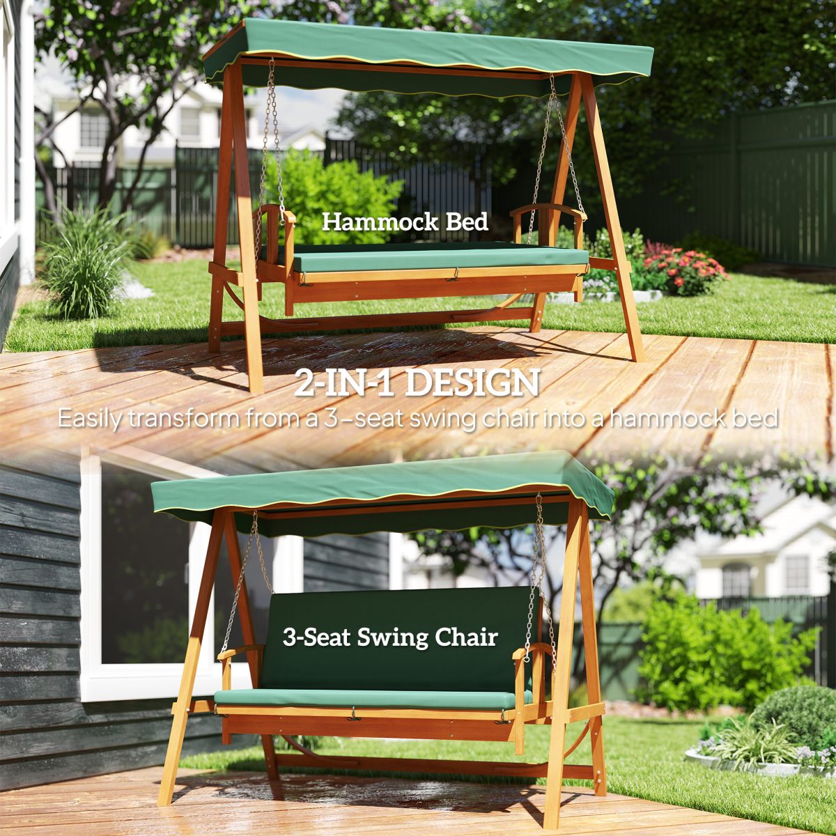3-Seater Wooden Garden Swing Chair with Cushions & Canopy