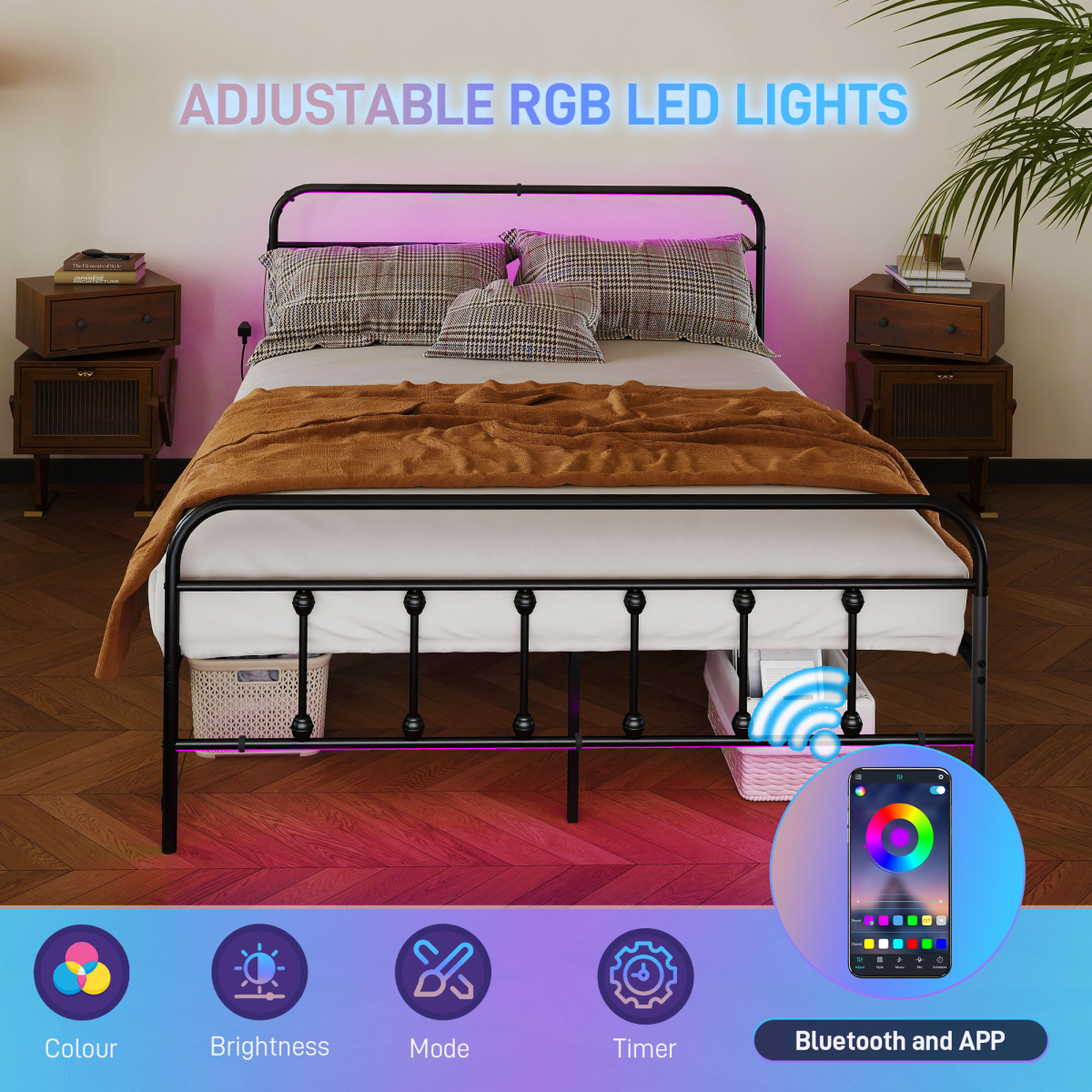 King Bed Frame with RGB LED Lights & Built-In Charging Station