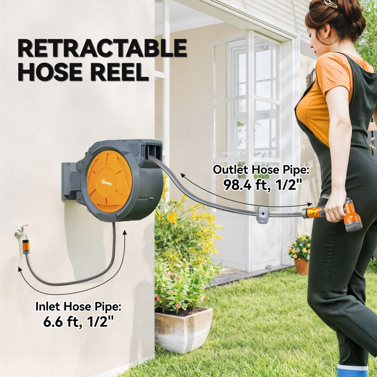 30m Retractable Hose Reel with Wall Mount & Lock, Orange