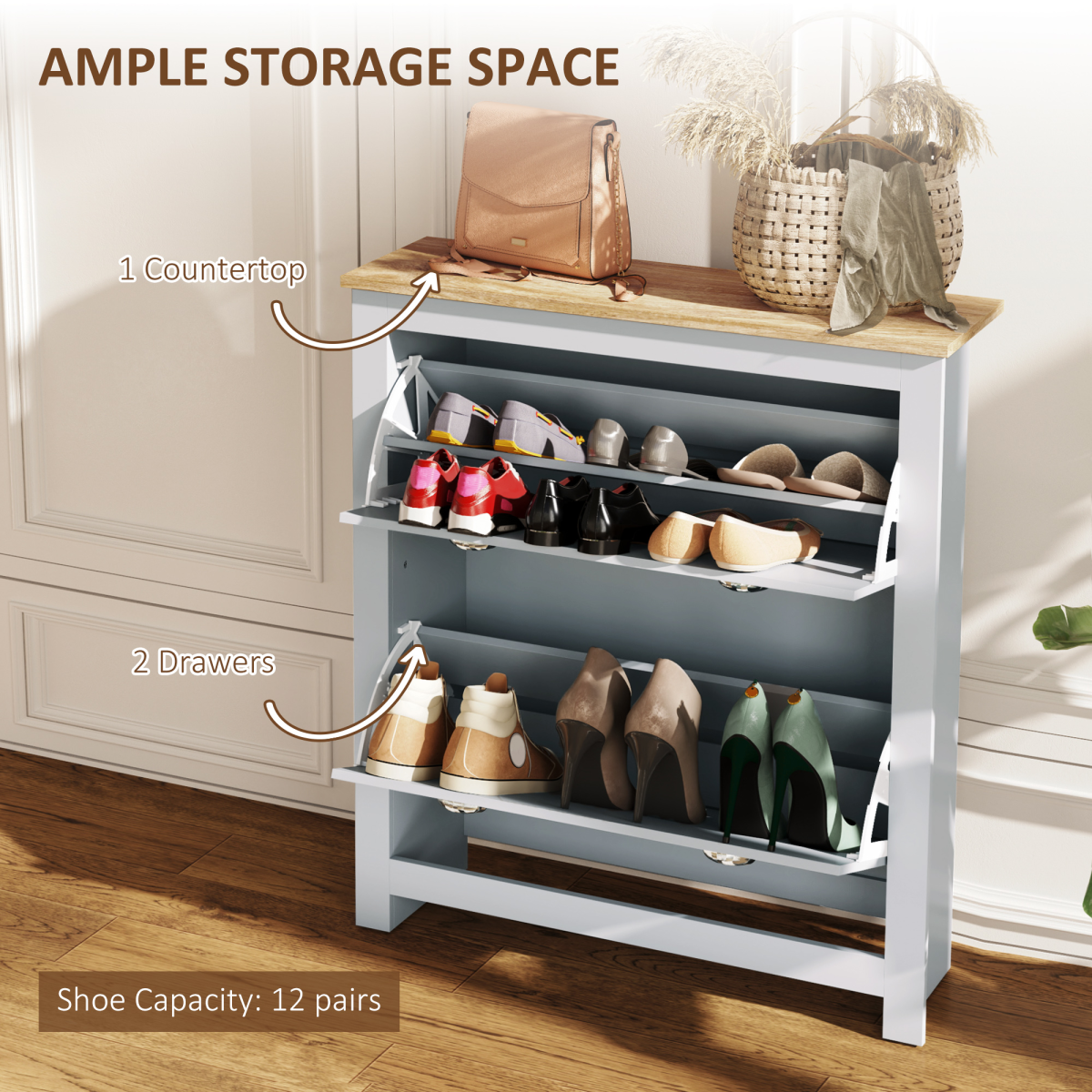 Stylish 2-Drawer Shoe Cabinet with Flip Doors - Space-Saving Grey Design