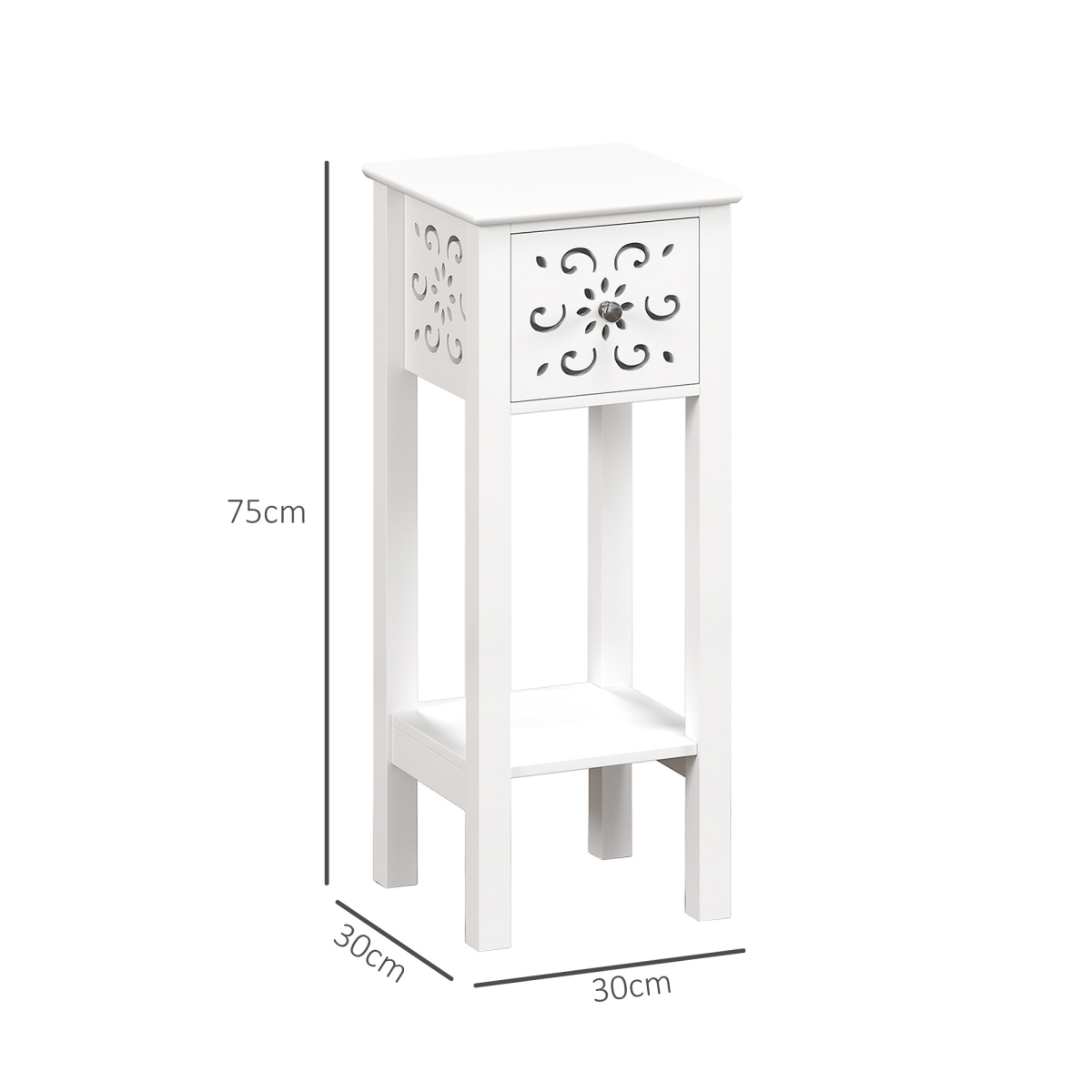 Elegant Floral Cut-Out Bedside Table Set with Drawer & Storage - White