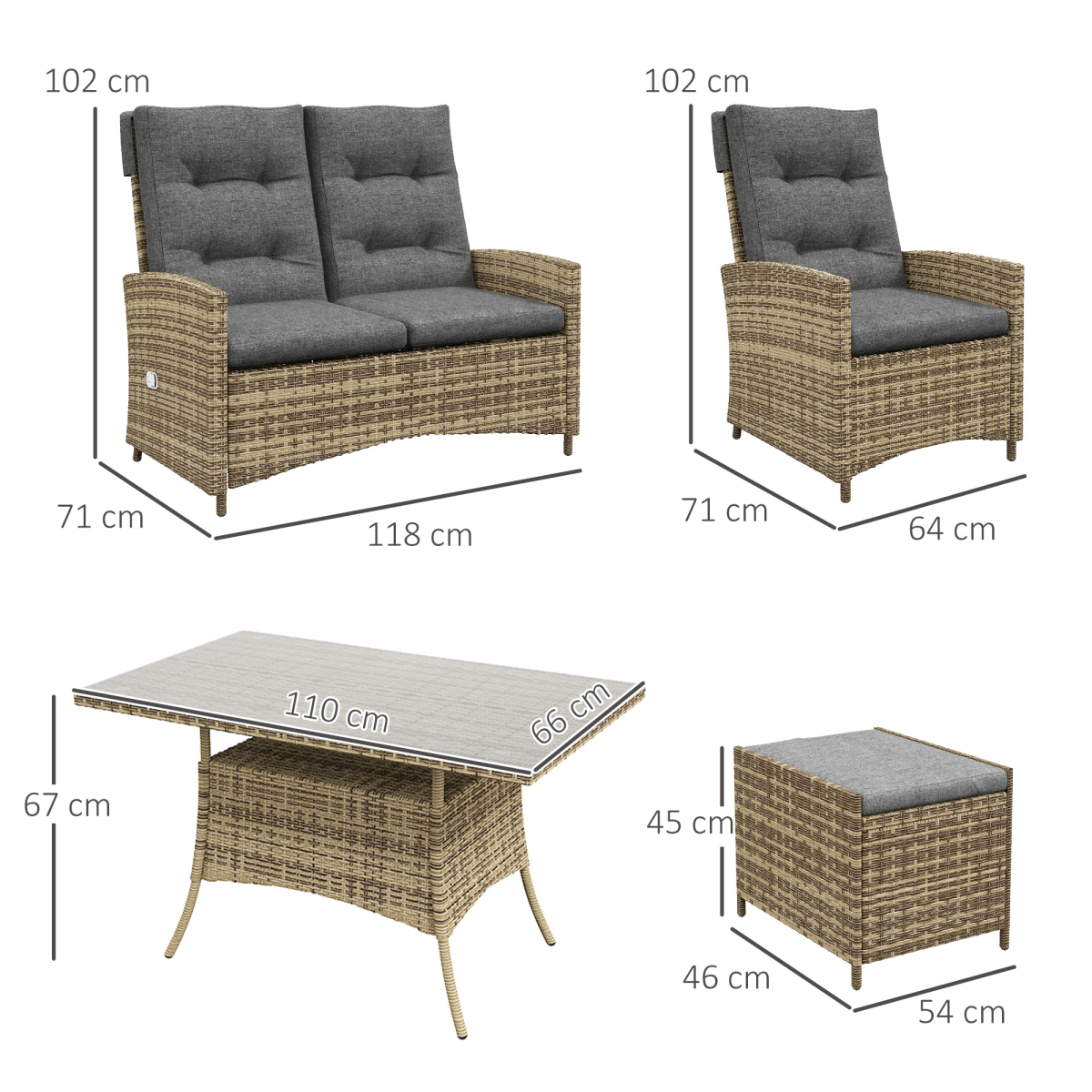 6-Piece Rattan Outdoor Table & Chairs Set with Cushions, Grey