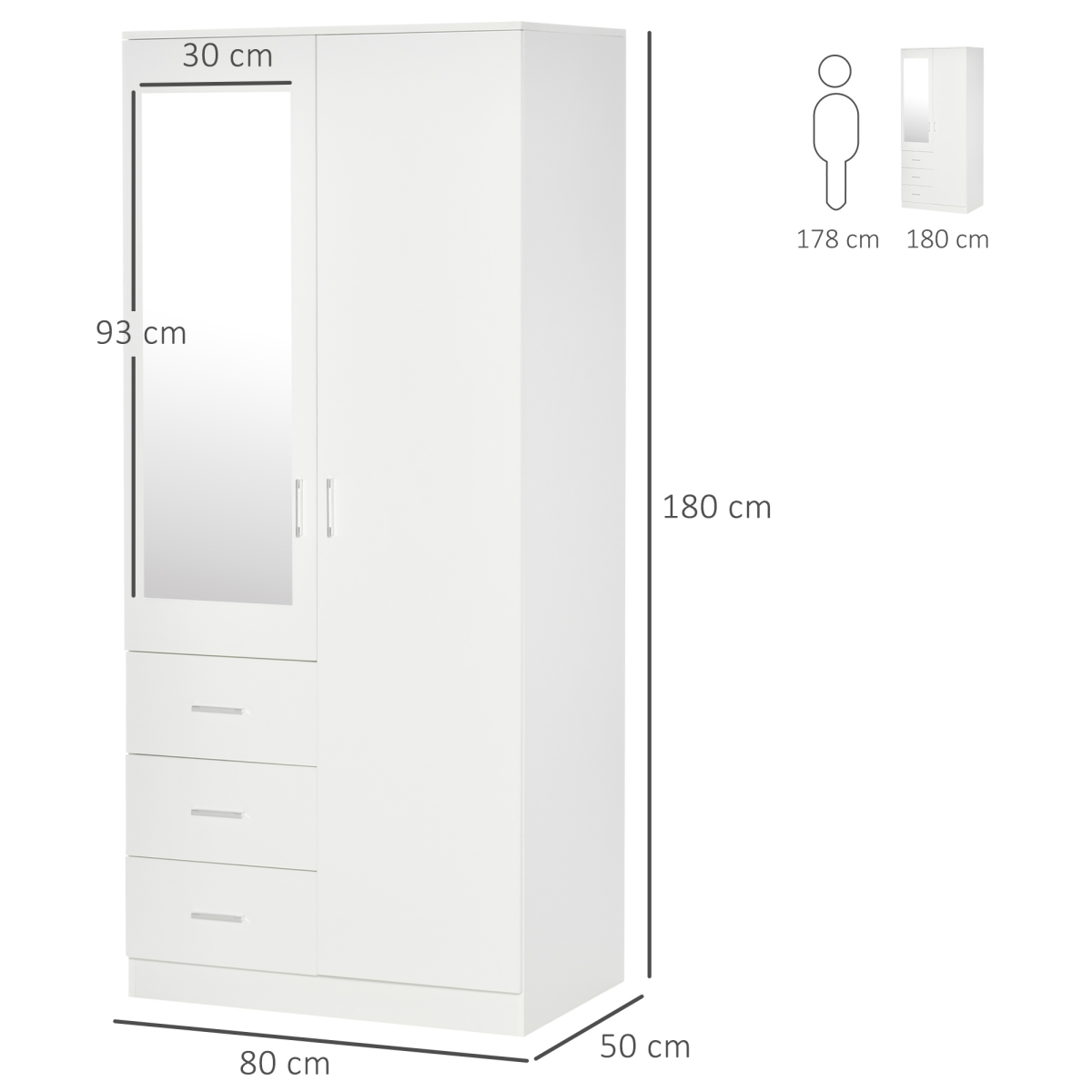 Elegant 2-Door White Wardrobe with Mirror, Adjustable Shelves & 3 Drawers