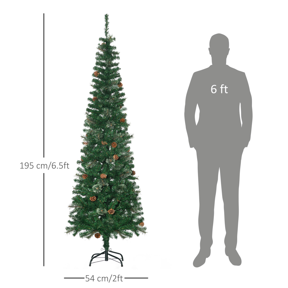6.5ft Slim Artificial Christmas Tree with Pine Cones - Space-Saving Decor