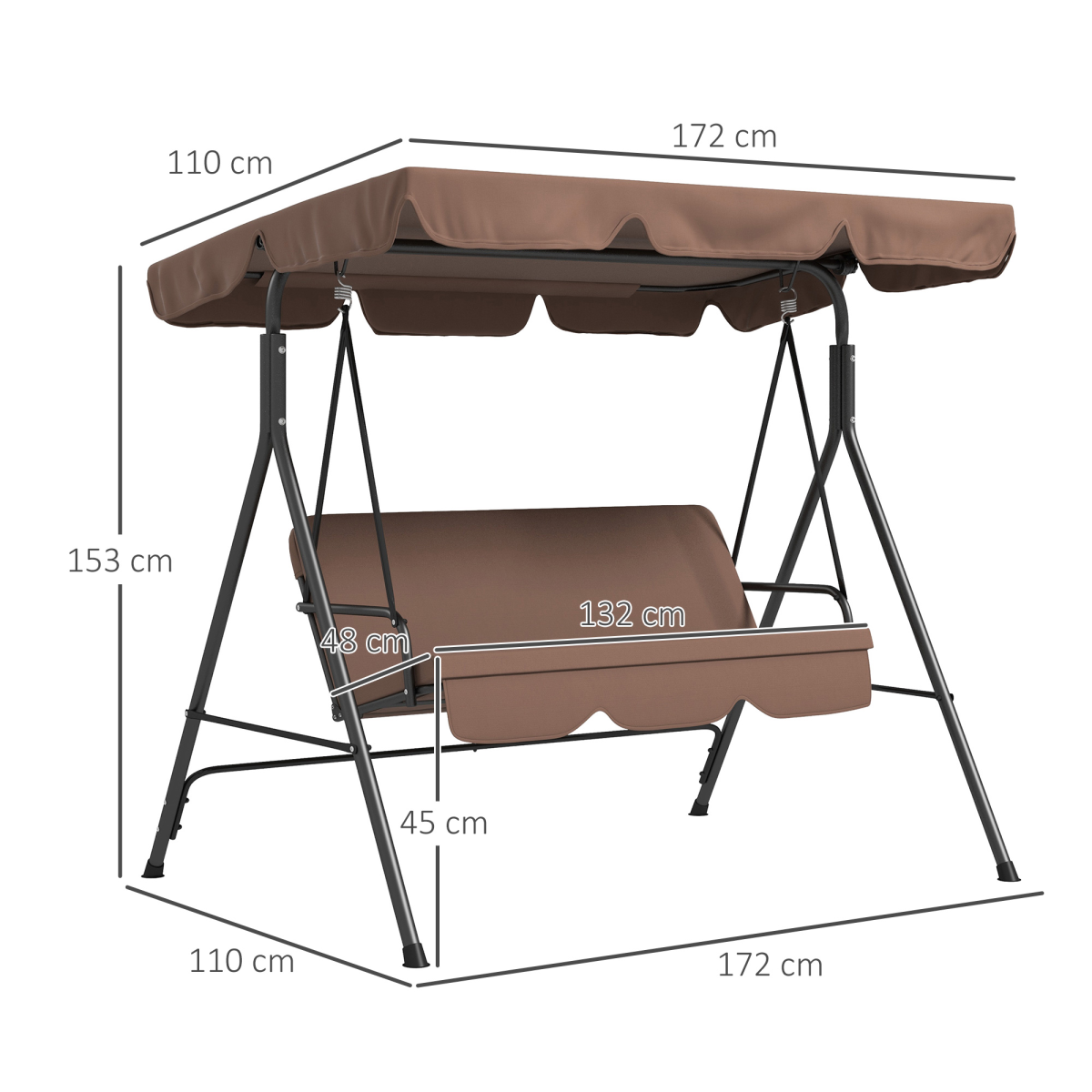 3-Person Porch Swing with Adjustable Canopy - Brown