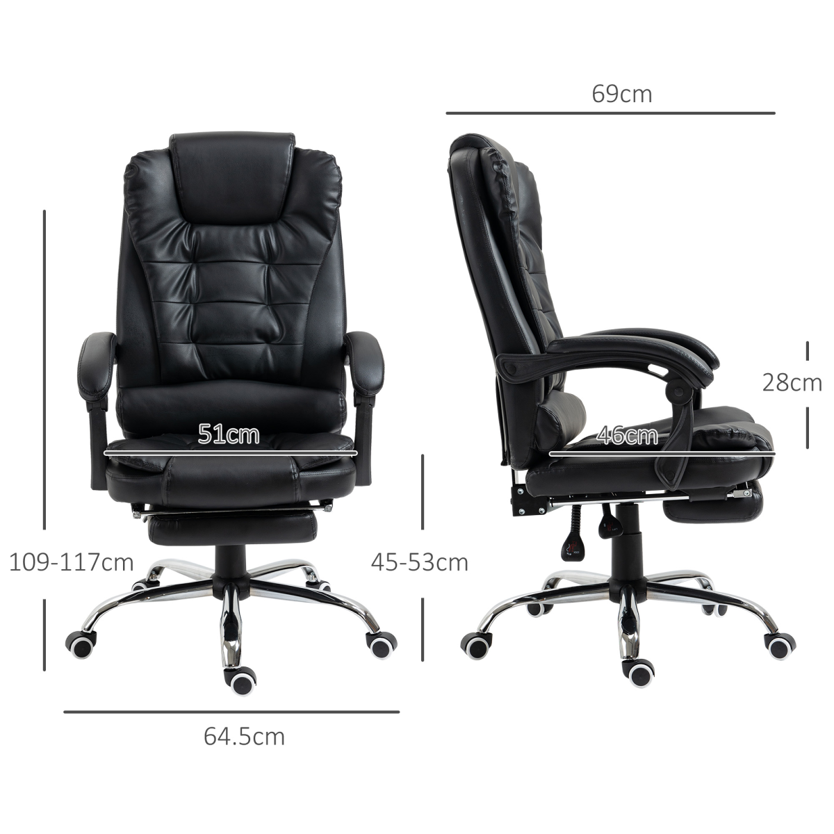 PU Leather High-Back Office Chair with Swivel Wheels - Black