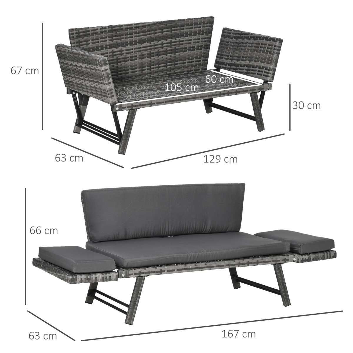 2-in-1 Rattan Folding Daybed Sofa - Grey Cushions Included