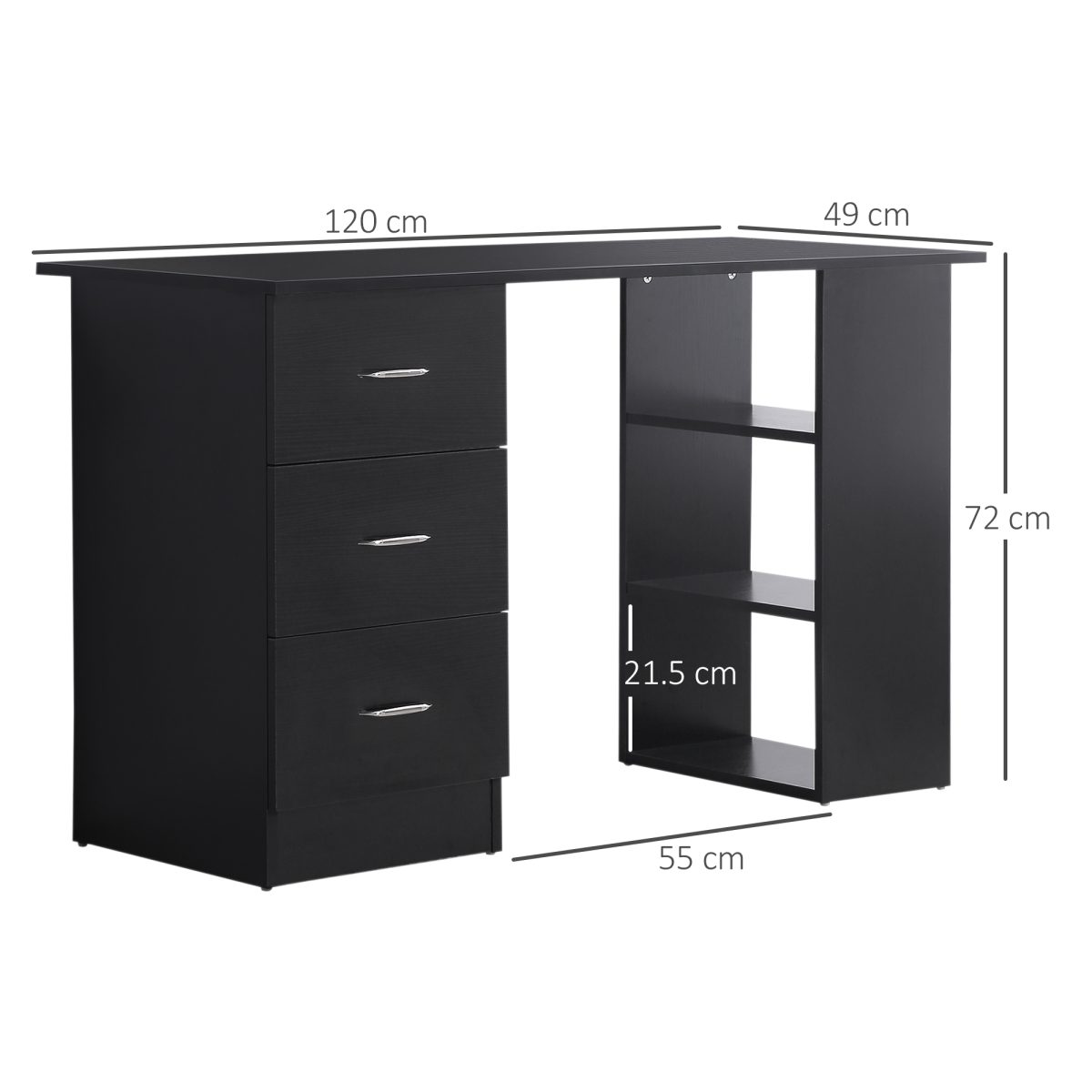 Versatile 120cm Computer Desk with 3 Shelves & Drawers - Classic Black Design