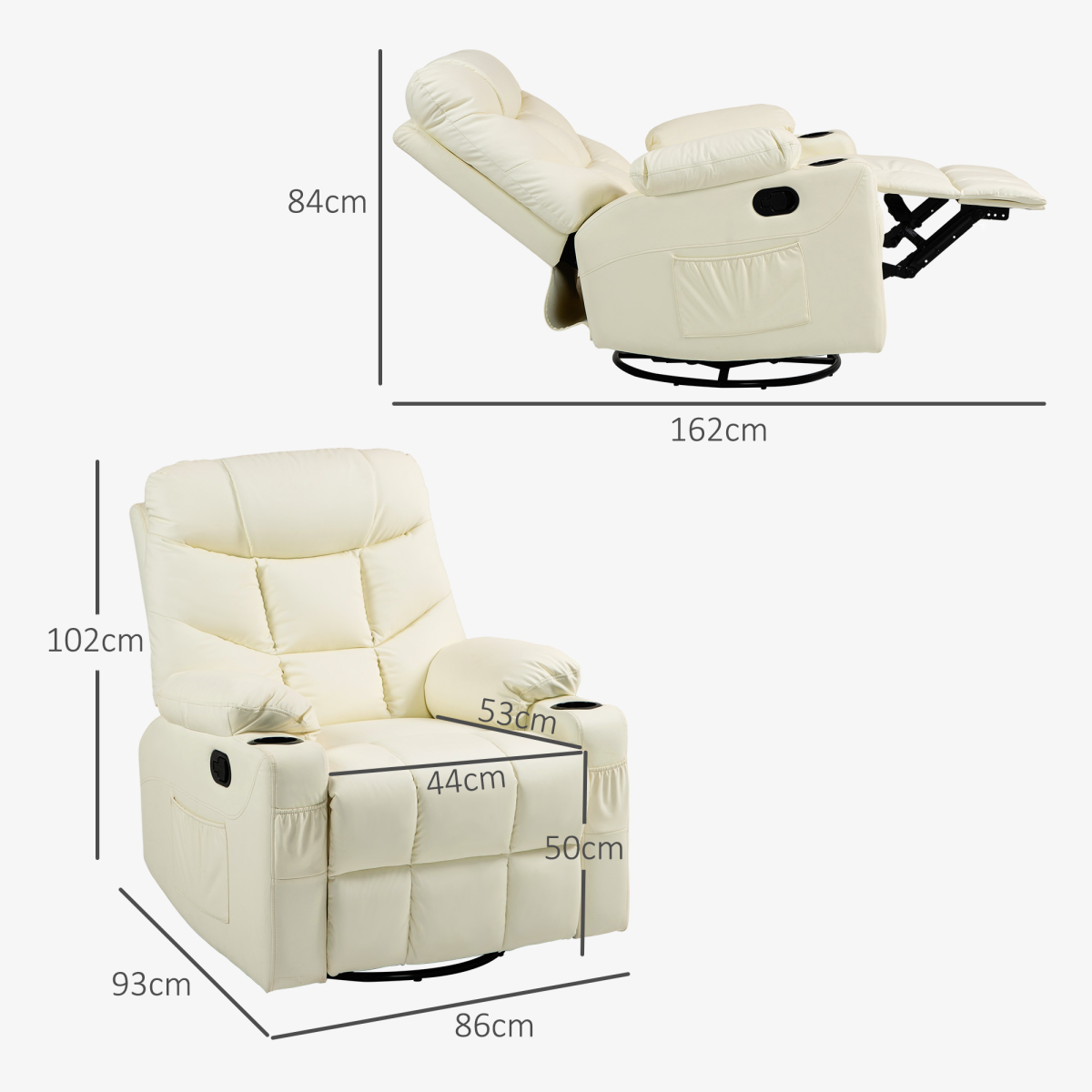 Luxury Recliner Chair with Footrest & Cup Holders - Cream Swivel Comfort