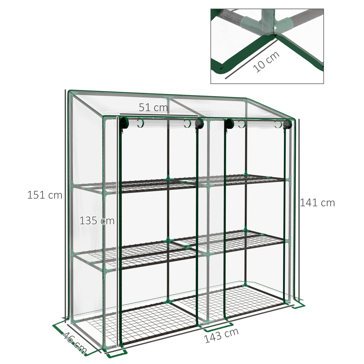3-Tier Mini Greenhouse with Lean-To Design, Clear Cover 151x143x46 cm