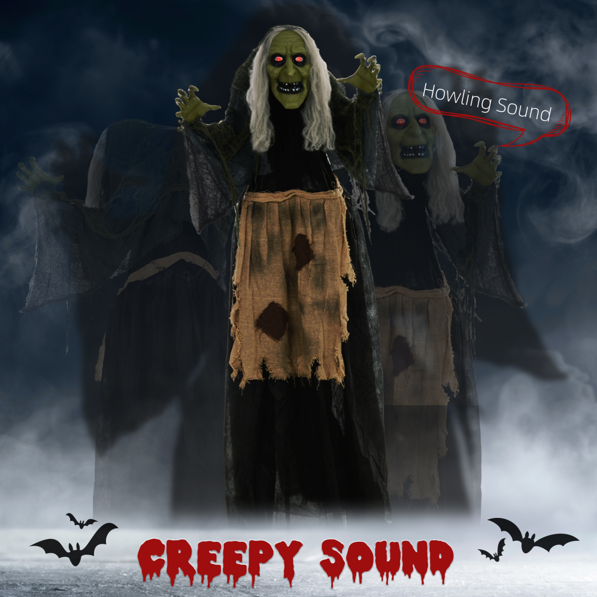Sound-Activated Witch Animatronic Prop with Moving Head & Glowing Eyes