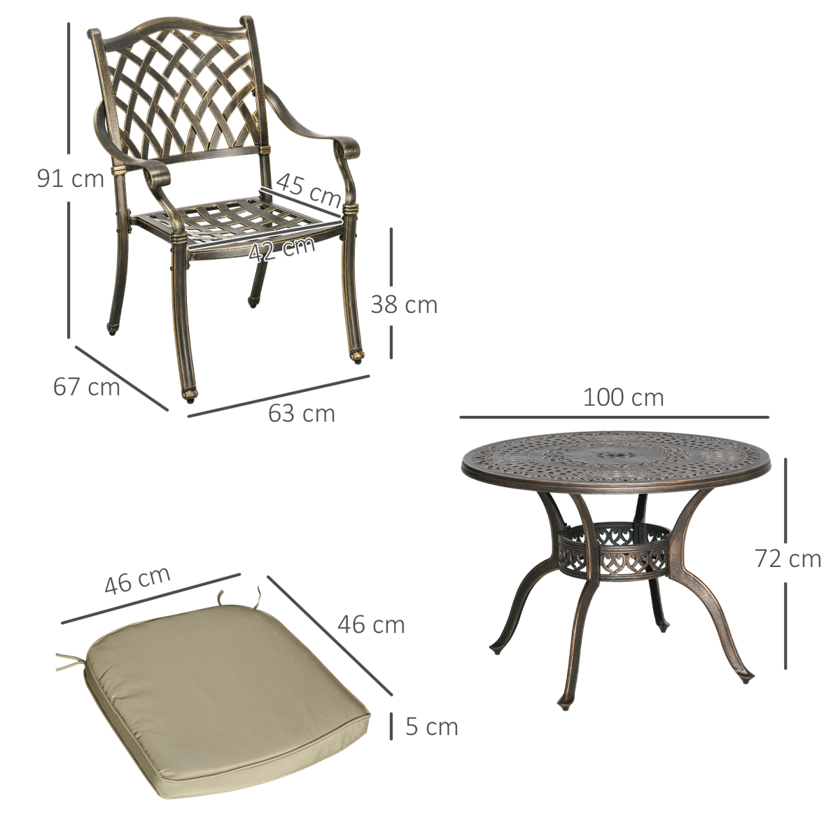 Bronze 4-Seater Round Outdoor Dining Set with Cushions & Parasol Hole
