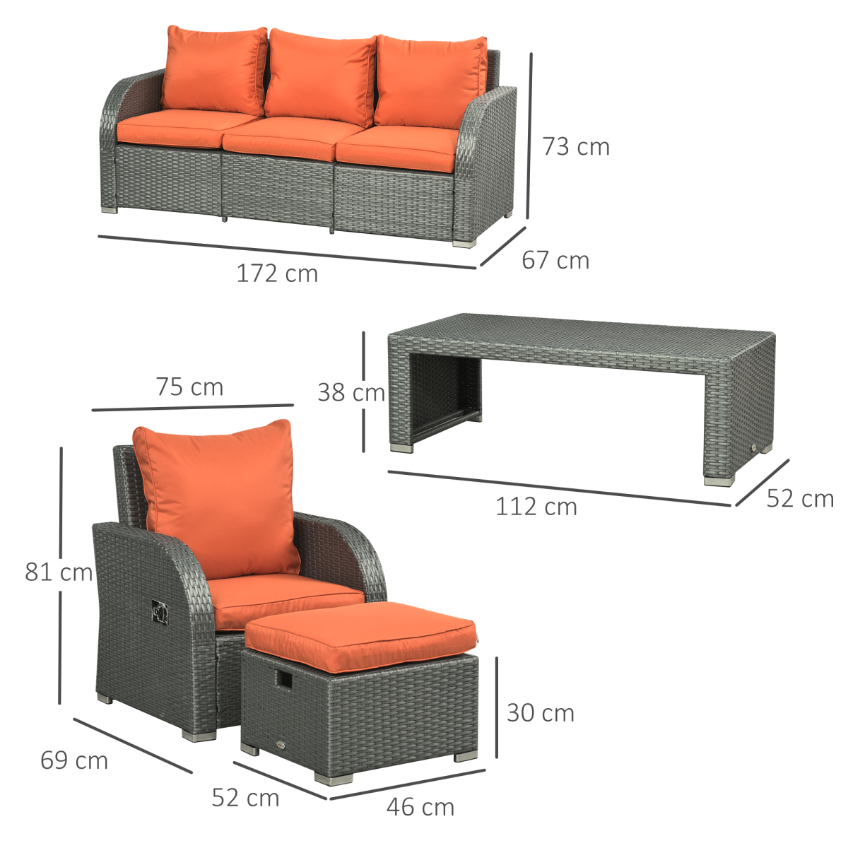 6-Piece Padded Outdoor Rattan Set: 3-Seat Sofa, Recliners & Table