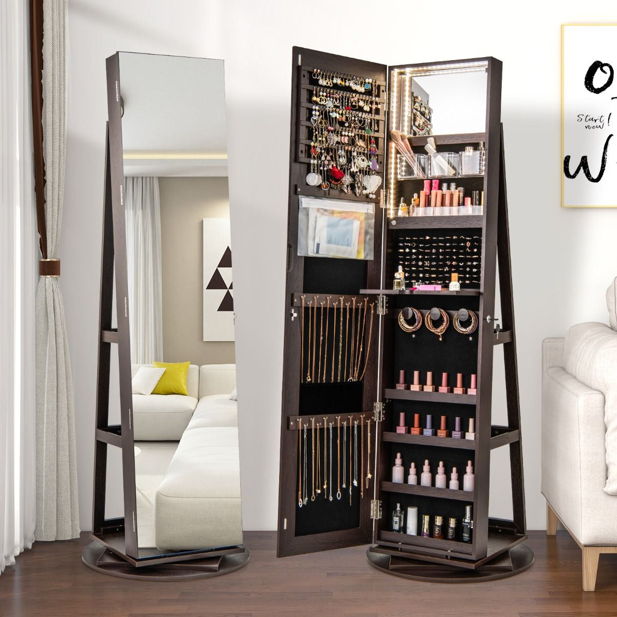 360-Degree Mirrored Jewelry Armoire with 3-Color Auto-On LED Lights